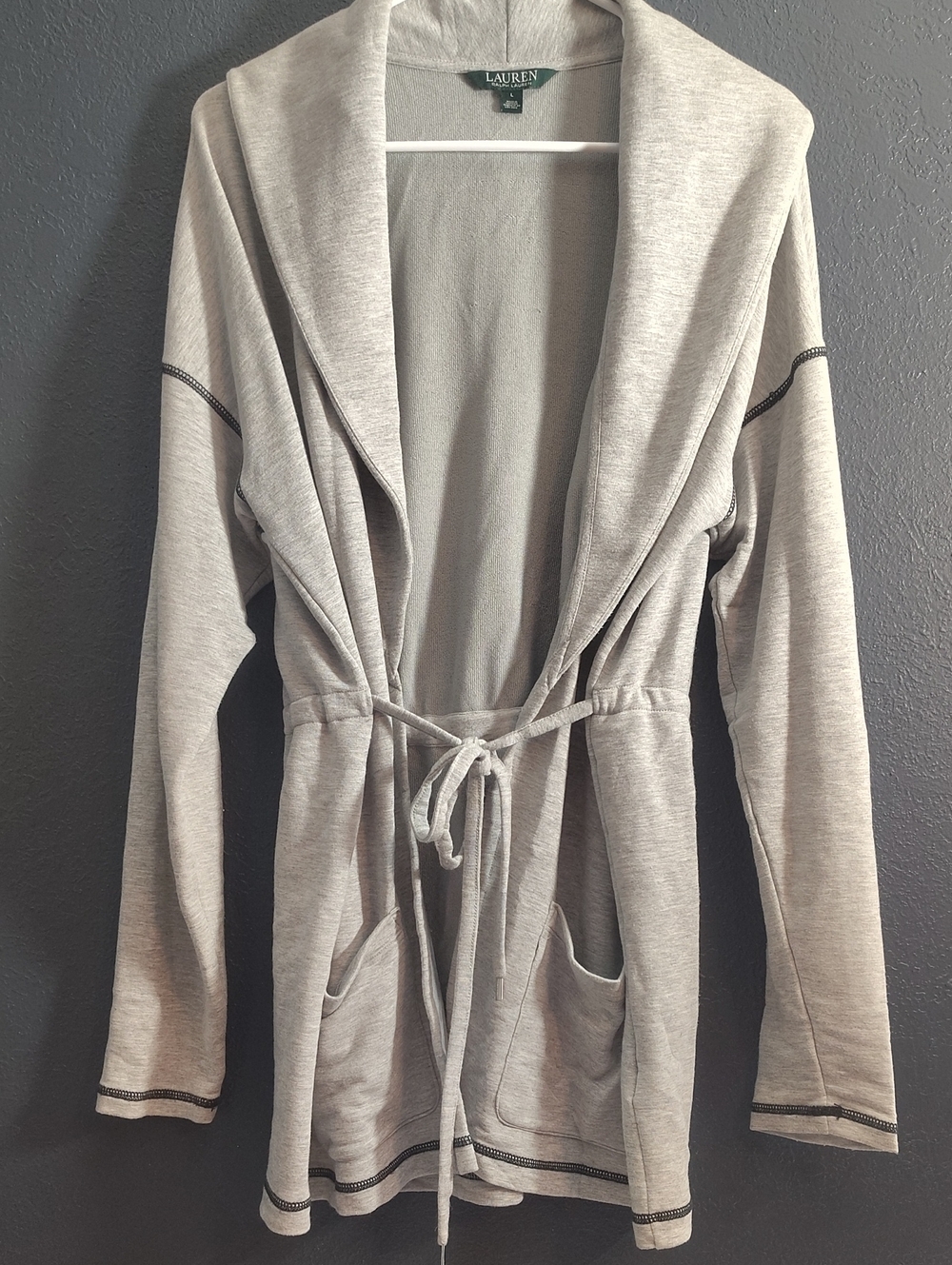 Lauren Ralph Lauren Heather Gray Open Front Tie-Waist Cardigan Size Large